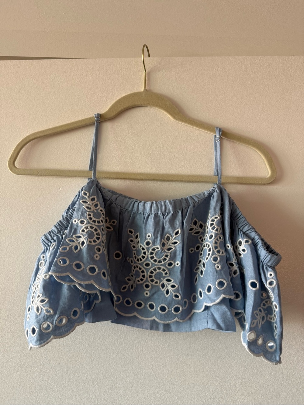 Sandro Light Blue Embroidered Off-Shoulder Crop Top